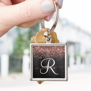 Aangepast Roos Gold Glitter Black Sparkle Monogram Sleutelhanger