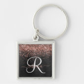 Aangepast Roos Gold Glitter Black Sparkle Monogram Sleutelhanger (Voorkant)