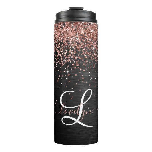 Aangepast Roos Gold Glitter Black Sparkle Monogram Thermosbeker (Voorkant)