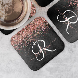 Aangepast Roos Gold Glitter Black Sparkle Monogram Vierkante Kartonnen Onderzetter