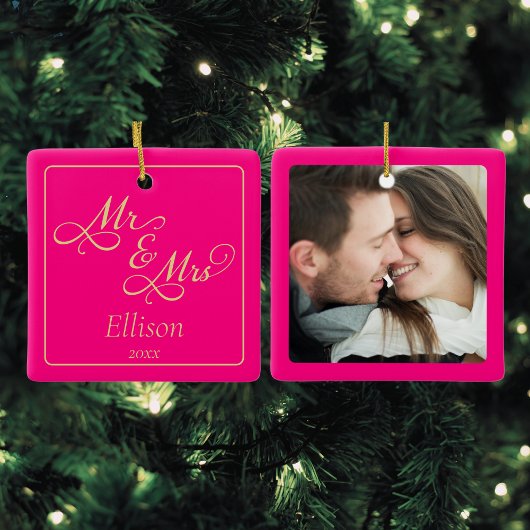 Aangepast roze Pas getrouwd paar Keramisch Ornament