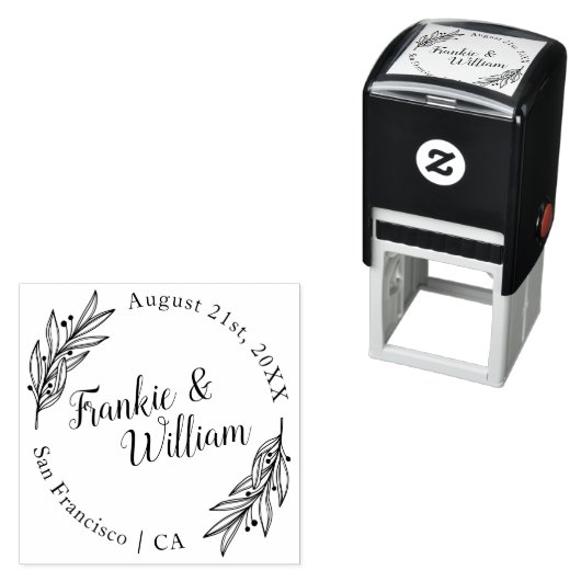 Aangepast script en elegante bladeren | Rondbruilo Zelfinktende Stempel (In situ)