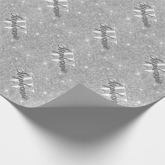 Aangepast script voor monogram Silver Glitter Cadeaupapier (Hoek)