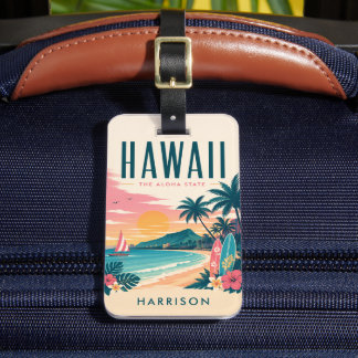 Aangepast strand nostalgie VS Hawaïi Honolulu surf Bagagelabel