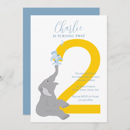 Aangepast tweede verjaardag Modern Elephant Uitnod Kaart (Voorkant / Achterkant)