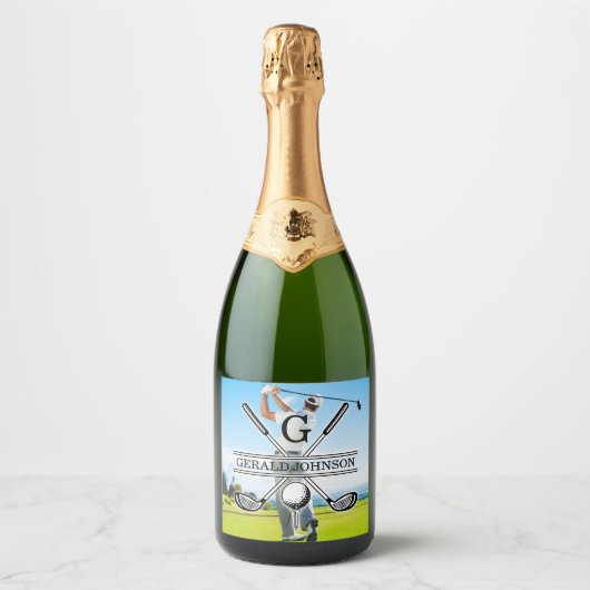 Aangepast Uw Afbeelding Golf Monogram Ontwerp Sparkling Wijnetiket (Voorkant)