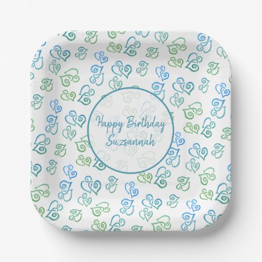 Aangepast verbonden groen blauw hartpatroon over w papieren bordje (Voorkant)