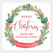 Aangepast, vrolijk kerstkrans, script, feestelijk vierkante sticker (Voorkant)
