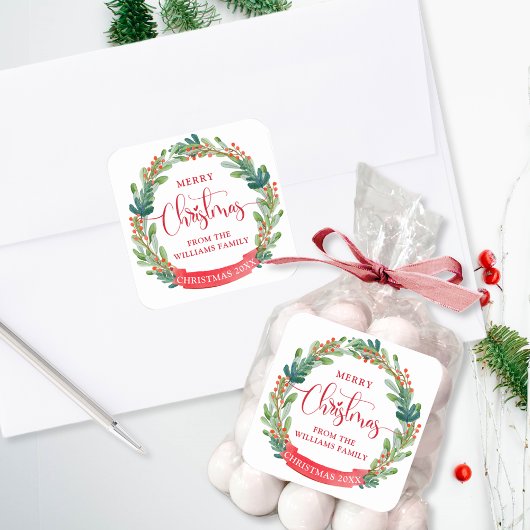 Aangepast, vrolijk kerstkrans, script, feestelijk vierkante sticker