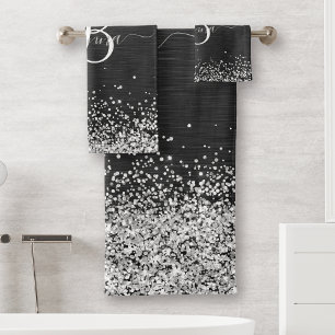 Aangepast zilveren glitter-zwart monogram bad handdoek
