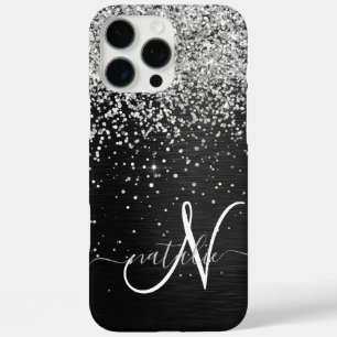 Aangepast zilveren glitter-zwart monogram iPhone 16 pro max hoesje