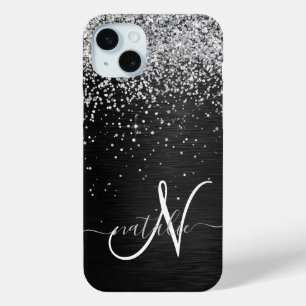 Aangepast zilveren glitter-zwart monogram iPhone 15 mini hoesje