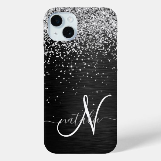 Aangepast zilveren glitter-zwart monogram Case-Mate iPhone case (Achterkant)