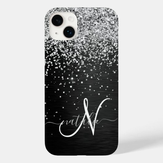 Aangepast zilveren glitter-zwart monogram Case-Mate iPhone case (Achterkant)