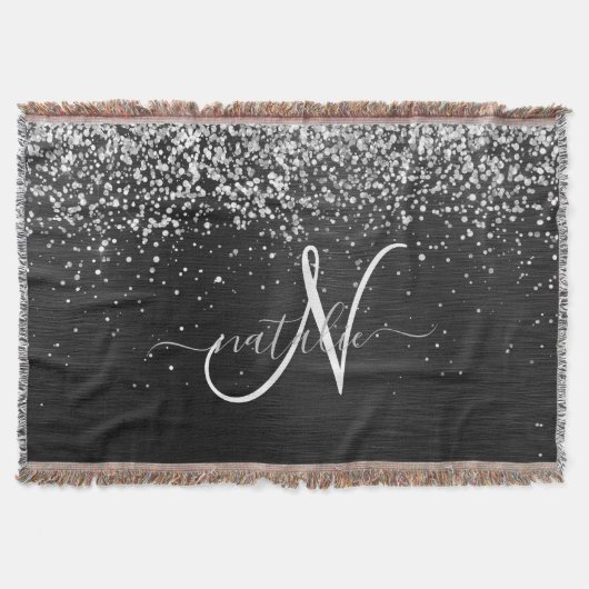 Aangepast zilveren glitter-zwart monogram deken (Voorkant)