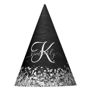 Aangepast zilveren glitter-zwart monogram feesthoedjes