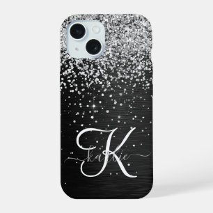 Aangepast zilveren glitter-zwart monogram iPhone 15 hoesje