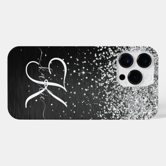 Aangepast zilveren glitter-zwart monogram iPhone hoesje (Achterkant horizontaal)