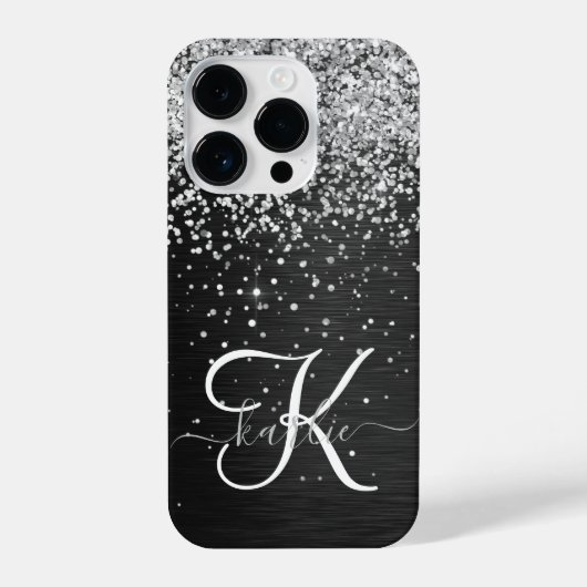 Aangepast zilveren glitter-zwart monogram iPhone hoesje (Achterkant)