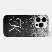 Aangepast zilveren glitter-zwart monogram iPhone hoesje (Achterkant horizontaal)
