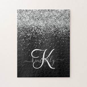 Aangepast zilveren glitter-zwart monogram legpuzzel