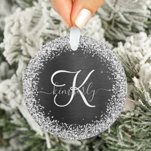 Aangepast zilveren glitter-zwart monogram ornament