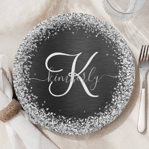 Aangepast zilveren glitter-zwart monogram papieren bordje
