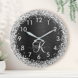 Aangepast zilveren glitter-zwart monogram ronde klok