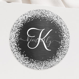 Aangepast zilveren glitter-zwart monogram ronde sticker