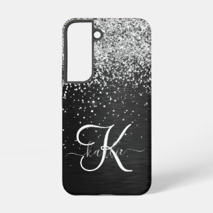 Aangepast zilveren glitter-zwart monogram samsung galaxy hoesje