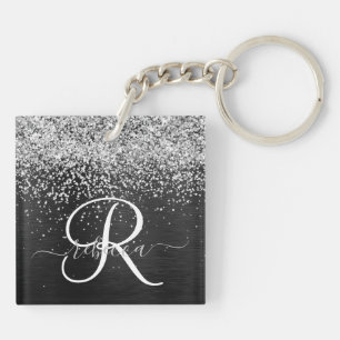 Aangepast zilveren glitter-zwart monogram sleutelhanger