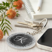 Aangepast zilveren glitter-zwart monogram sleutelhanger (Voorkant Rechts)