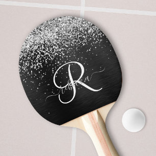 Aangepast zilveren glitter-zwart monogram tafeltennisbatje