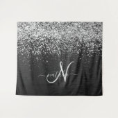 Aangepast zilveren glitter-zwart monogram wandkleed (Voorkant (horizontaal))