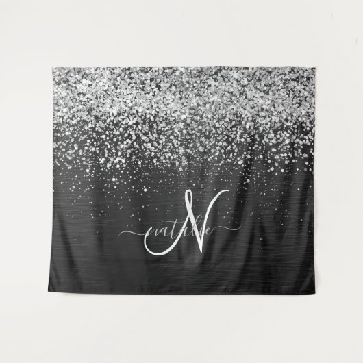 Aangepast zilveren glitter-zwart monogram wandkleed (Voorkant (horizontaal))