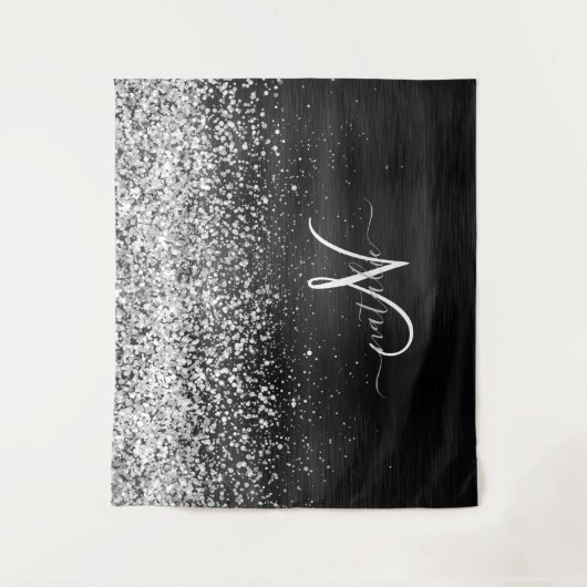 Aangepast zilveren glitter-zwart monogram wandkleed (Voorkant)