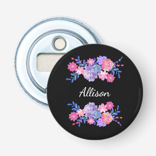 Aangepast zwart bloem monogram button flesopener