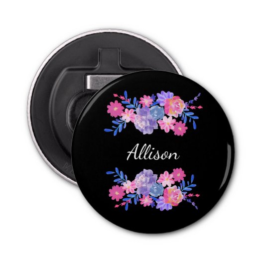Aangepast zwart bloem monogram button flesopener (Voorkant)