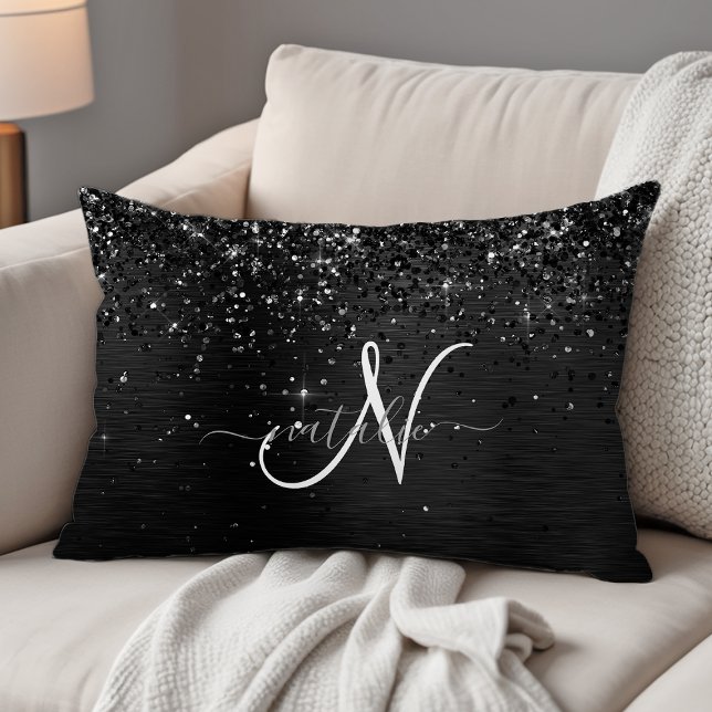 Aangepast zwart glitter Sparkle Monogram Accent Kussen (Creator heeft geüpload)