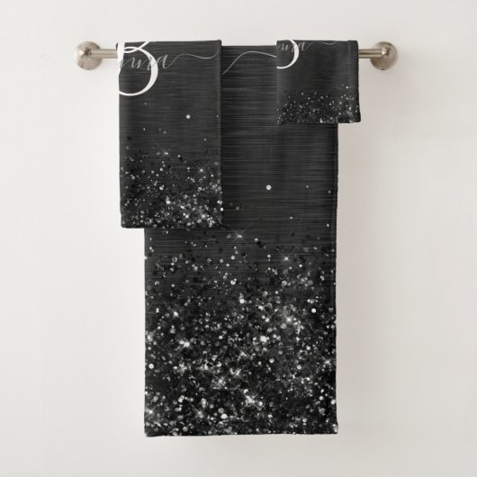 Aangepast zwart glitter Sparkle Monogram Bad Handdoek (Insitu)