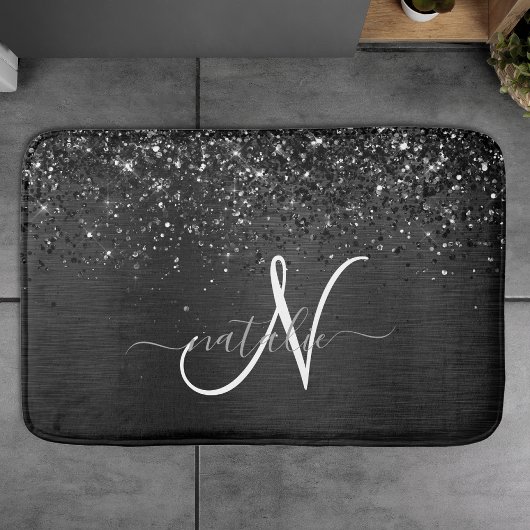 Aangepast zwart glitter Sparkle Monogram Badmat