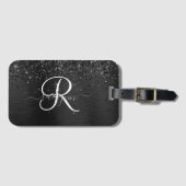 Aangepast zwart glitter Sparkle Monogram Bagagelabel (Voorkant (horizontaal))