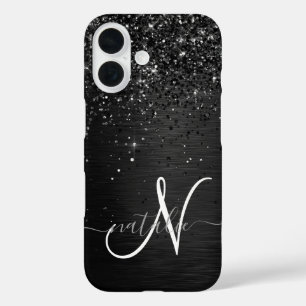 Aangepast zwart glitter Sparkle Monogram iPhone 16 Hoesje