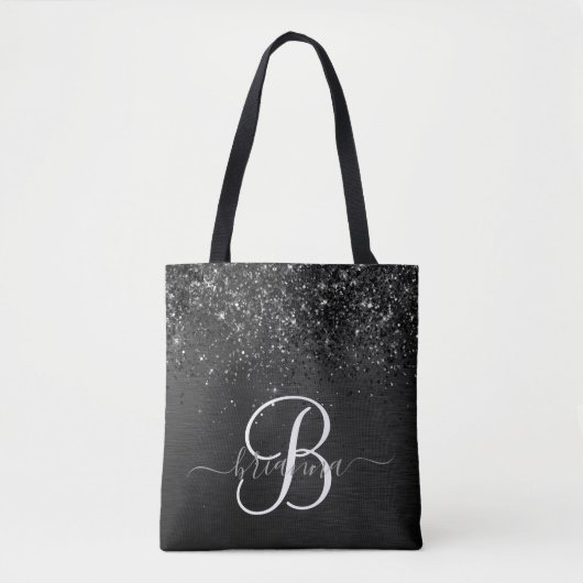 Aangepast zwart glitter Sparkle Monogram Draagtas (Voorkant)