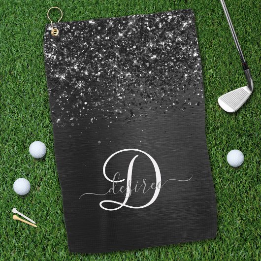 Aangepast zwart glitter Sparkle Monogram Golfhanddoek