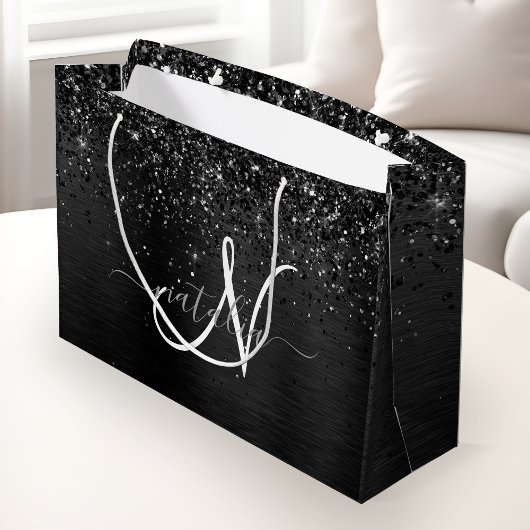 Aangepast zwart glitter Sparkle Monogram Groot Cadeauzakje