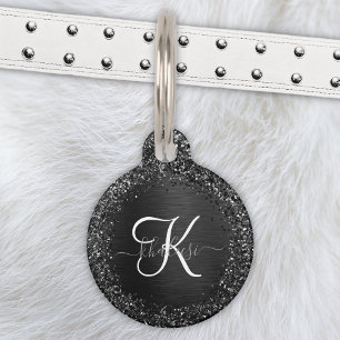 Aangepast zwart glitter Sparkle Monogram Huisdierpenning