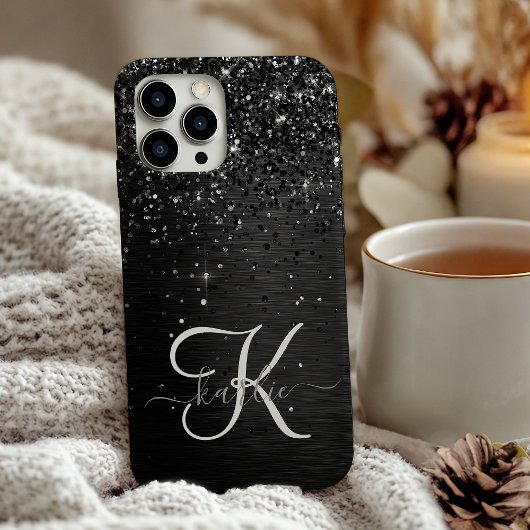 Aangepast zwart glitter Sparkle Monogram iPhone Hoesje