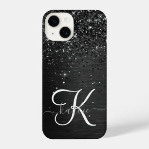 Aangepast zwart glitter Sparkle Monogram iPhone 14 Hoesje