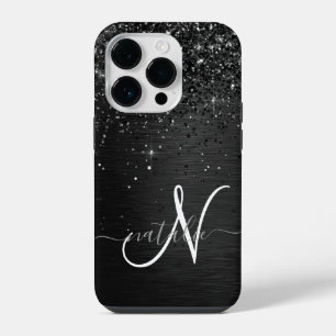 Aangepast zwart glitter Sparkle Monogram iPhone 14 Plus Hoesje